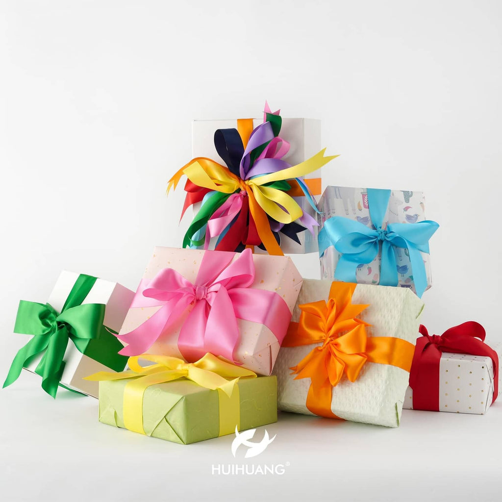Double-faced satin ribbon bows on wrapped gifts, assorted 1-inch colors
