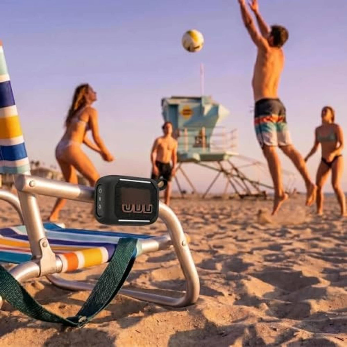 Black silicone speaker case with mesh front and carry strap loop