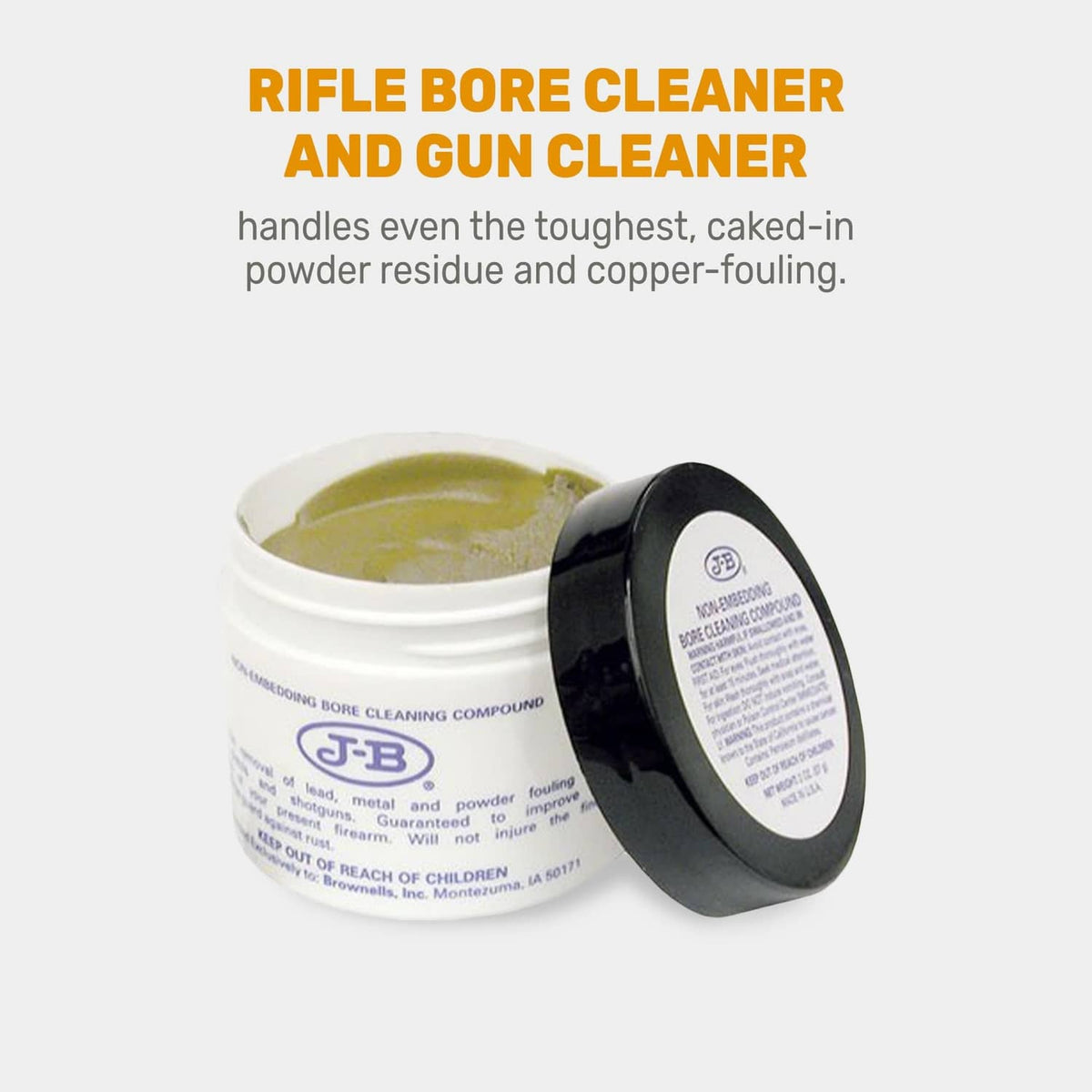Non-embedding bore cleaning compound jar with open black lid showing pale yellow paste
