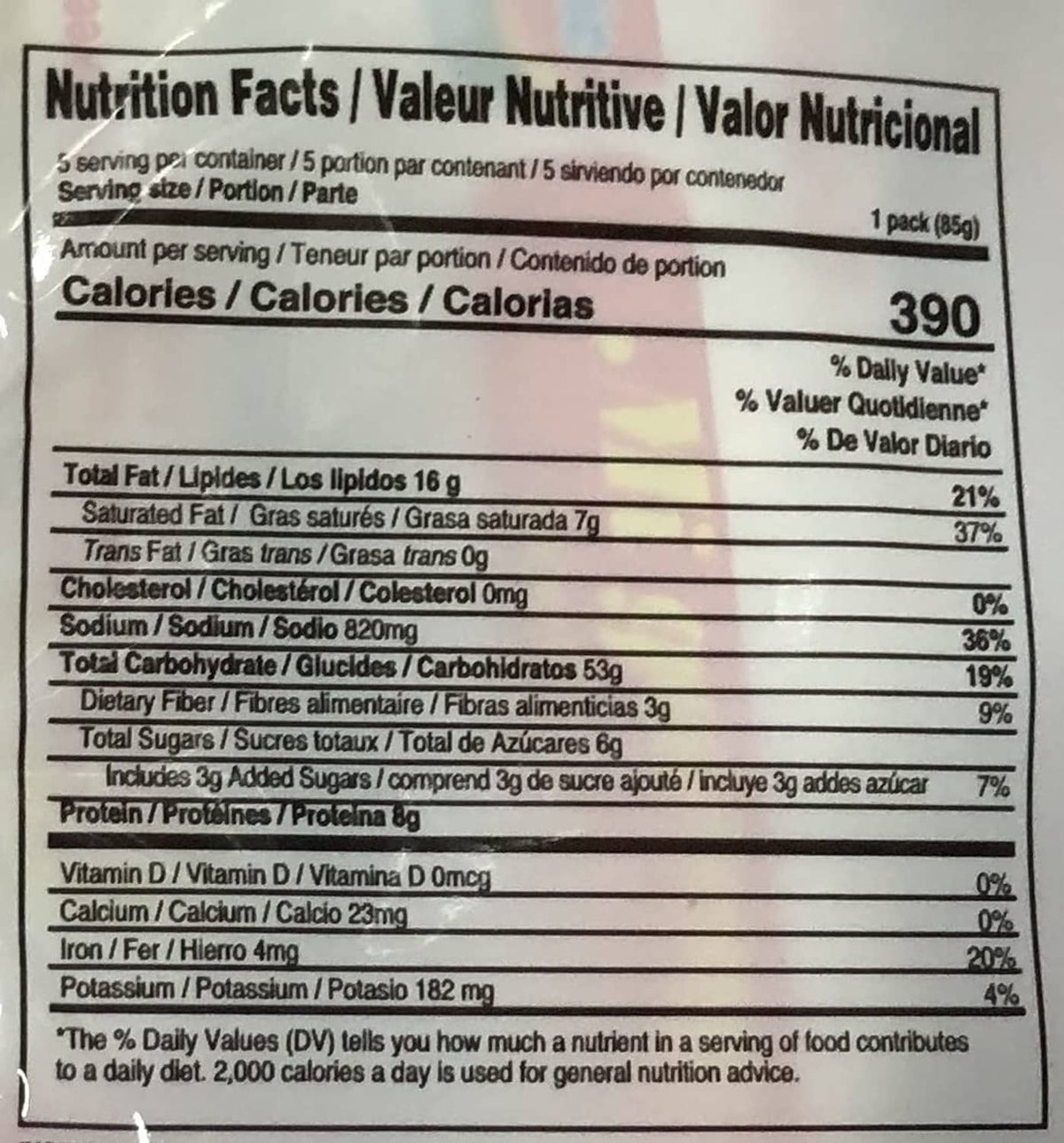Indomie Mi Goreng instant noodle nutrition facts panel on package