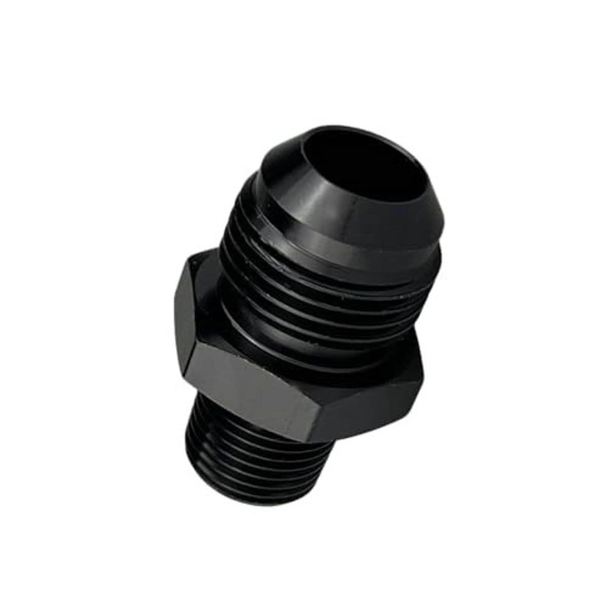 Black AN10 male flare to 3/4 NPT straight connector, angled 3D view