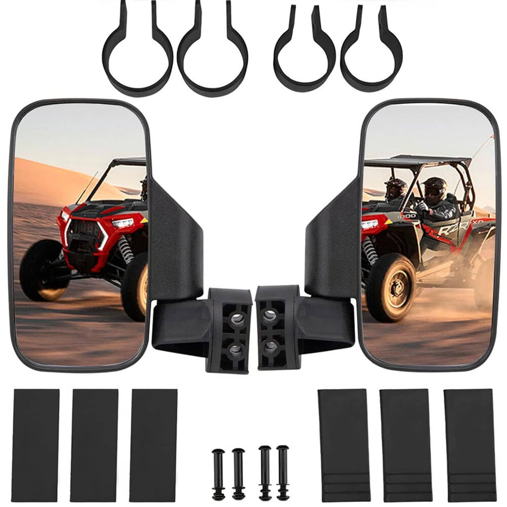 UTV rear view side mirrors set with black brackets, screws, and protective hooks