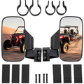 UTV rear view side mirrors set with black brackets, screws, and protective hooks