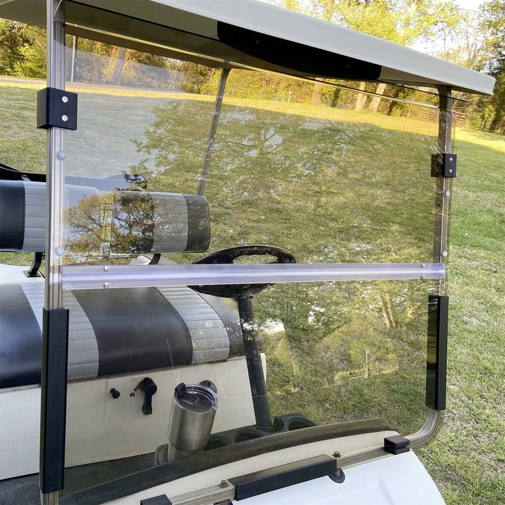Tinted folding golf cart windshield with clear smoky panel and side support posts