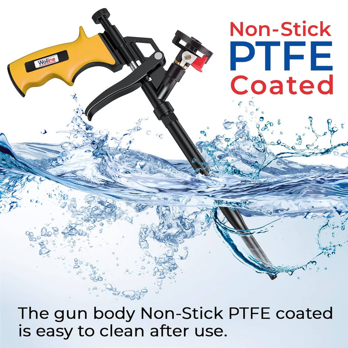 Non-stick PTFE-coated spray foam insulation gun with yellow handle and trigger