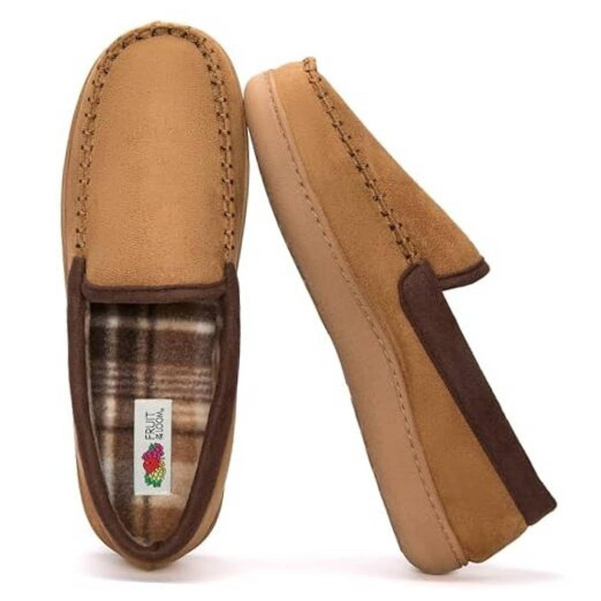 Tan microsuede house slippers with dark brown toggle strap and stitched apron trim
