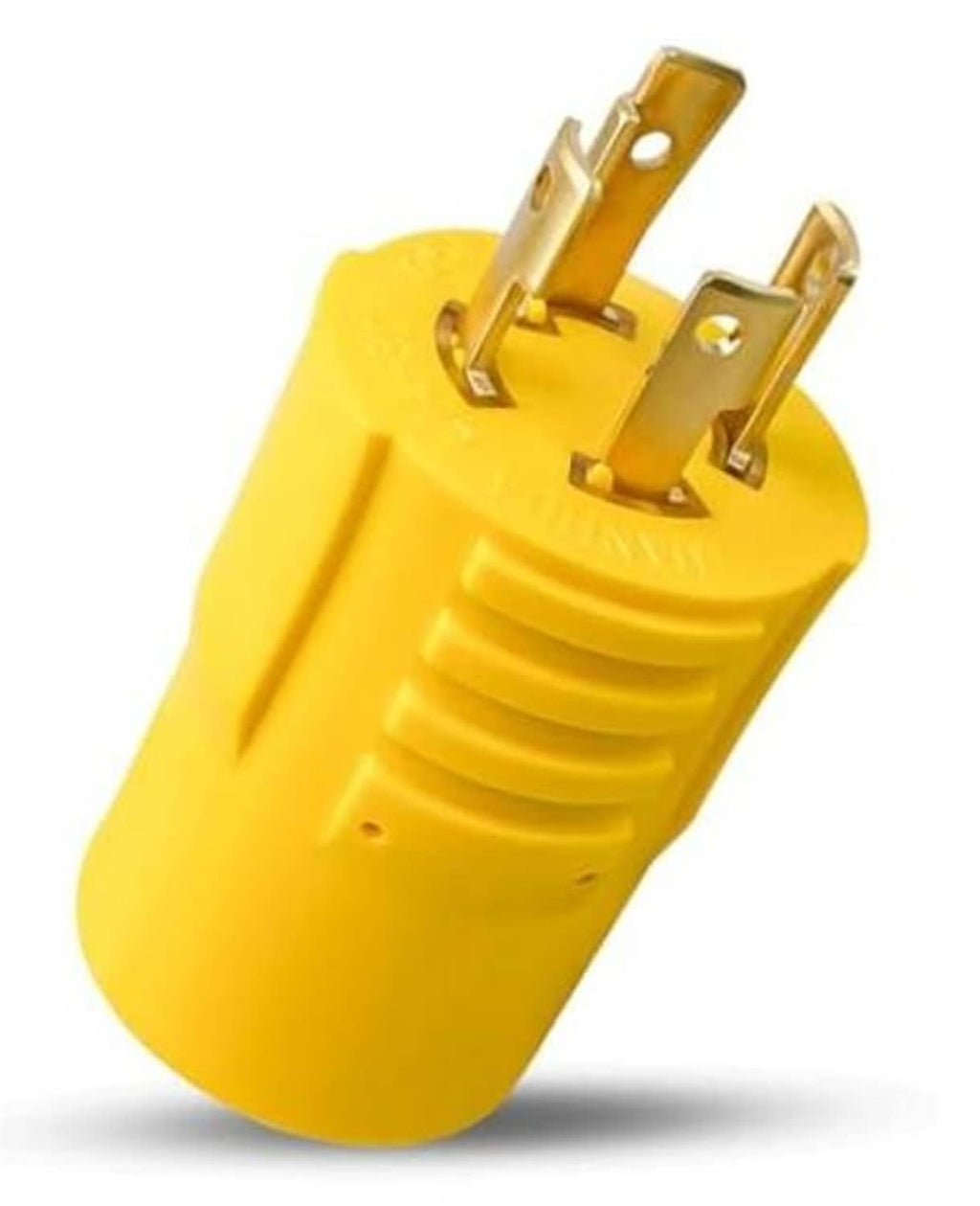 Yellow electrical adapter plug with gold prongs and molded body, 3-pin style