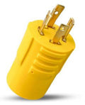 Yellow electrical adapter plug with gold prongs and molded body, 3-pin style