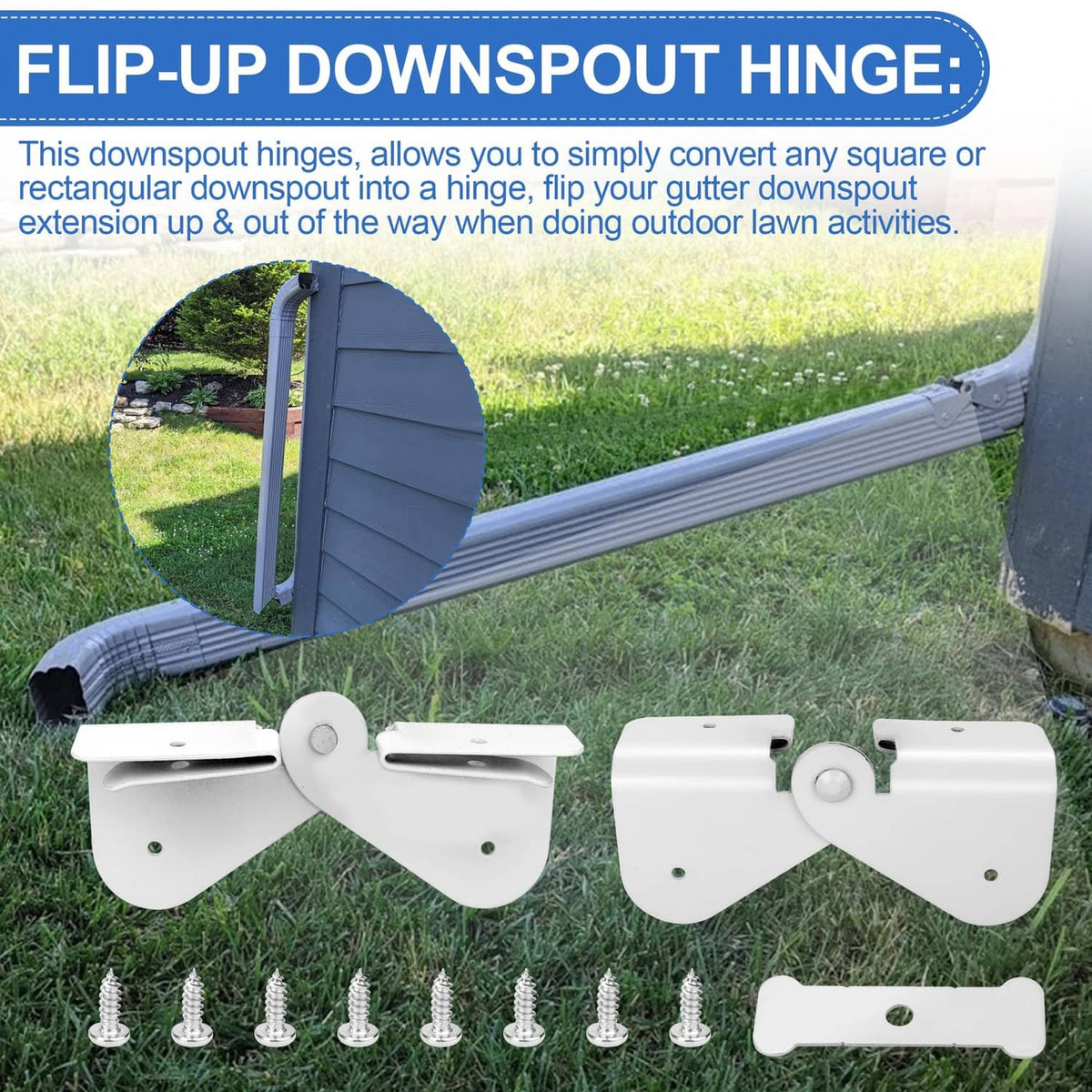 White flip-up gutter downspout hinge attached to a downspout, shown in open position