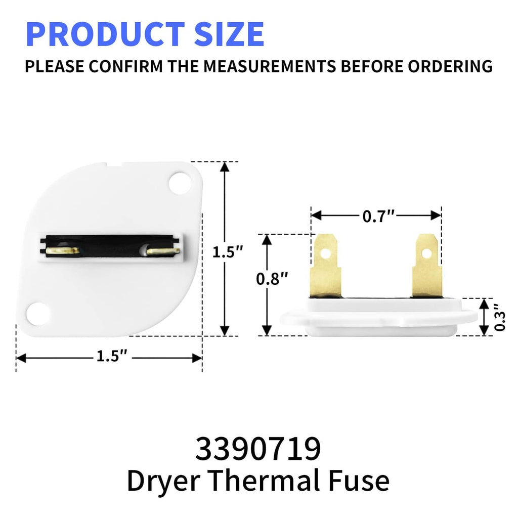 Two white dryer thermal fuses shown with mounting tabs and dimension guide lines