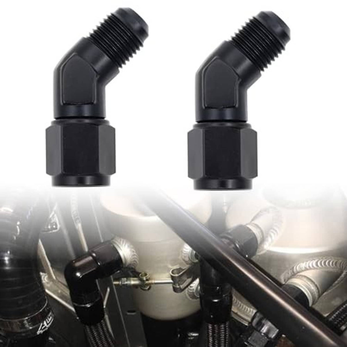 Black 45-degree swivel flare fittings installed on vehicle engine components