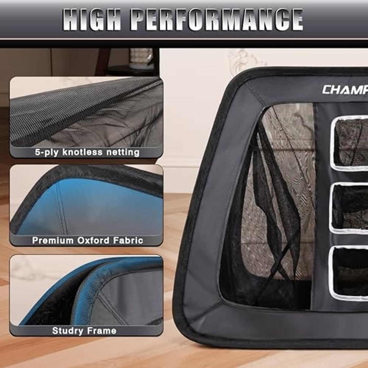 Golf chipping net with close-up of durable mesh and reinforced frame details