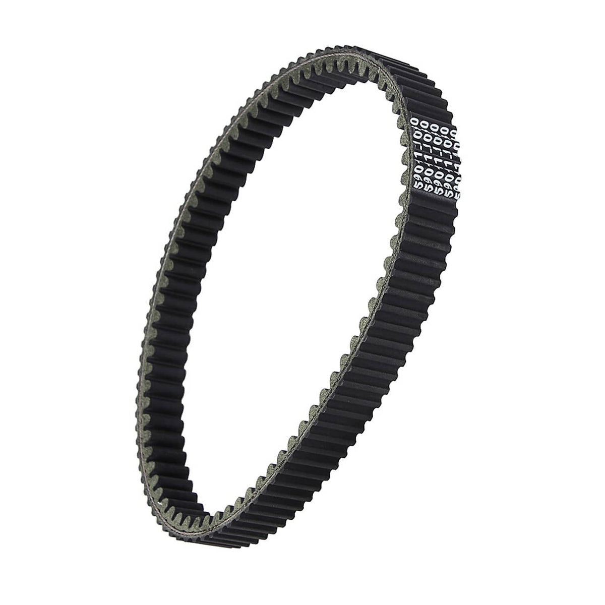 Drive belt loop, black ribbed toothed belt viewed at an angle