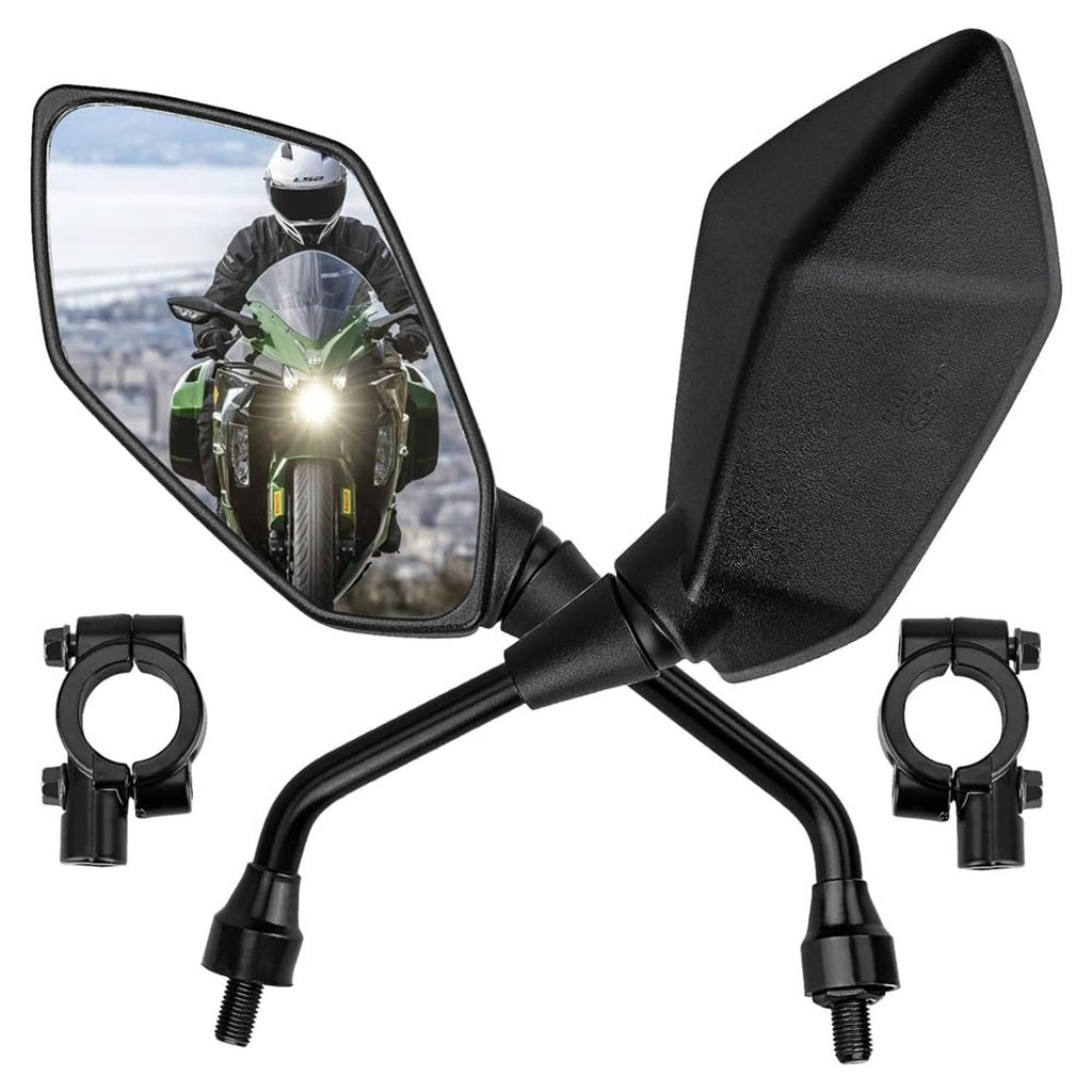 Black motorcycle rearview side mirrors with rectangular convex lenses and bar clamp rings