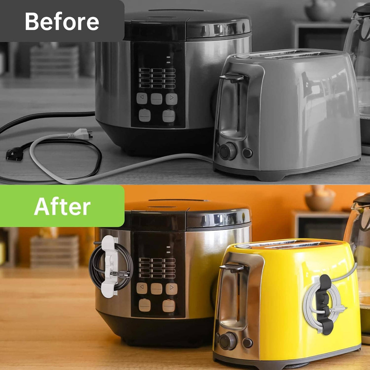 Appliance cords secured with white cord organizers on multiple small appliances