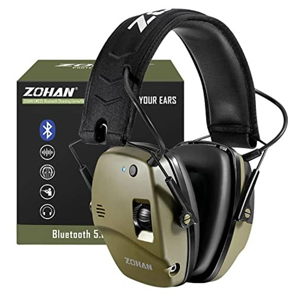 Bluetooth electronic shooting earmuffs with black padded band and green ear cups, front view
