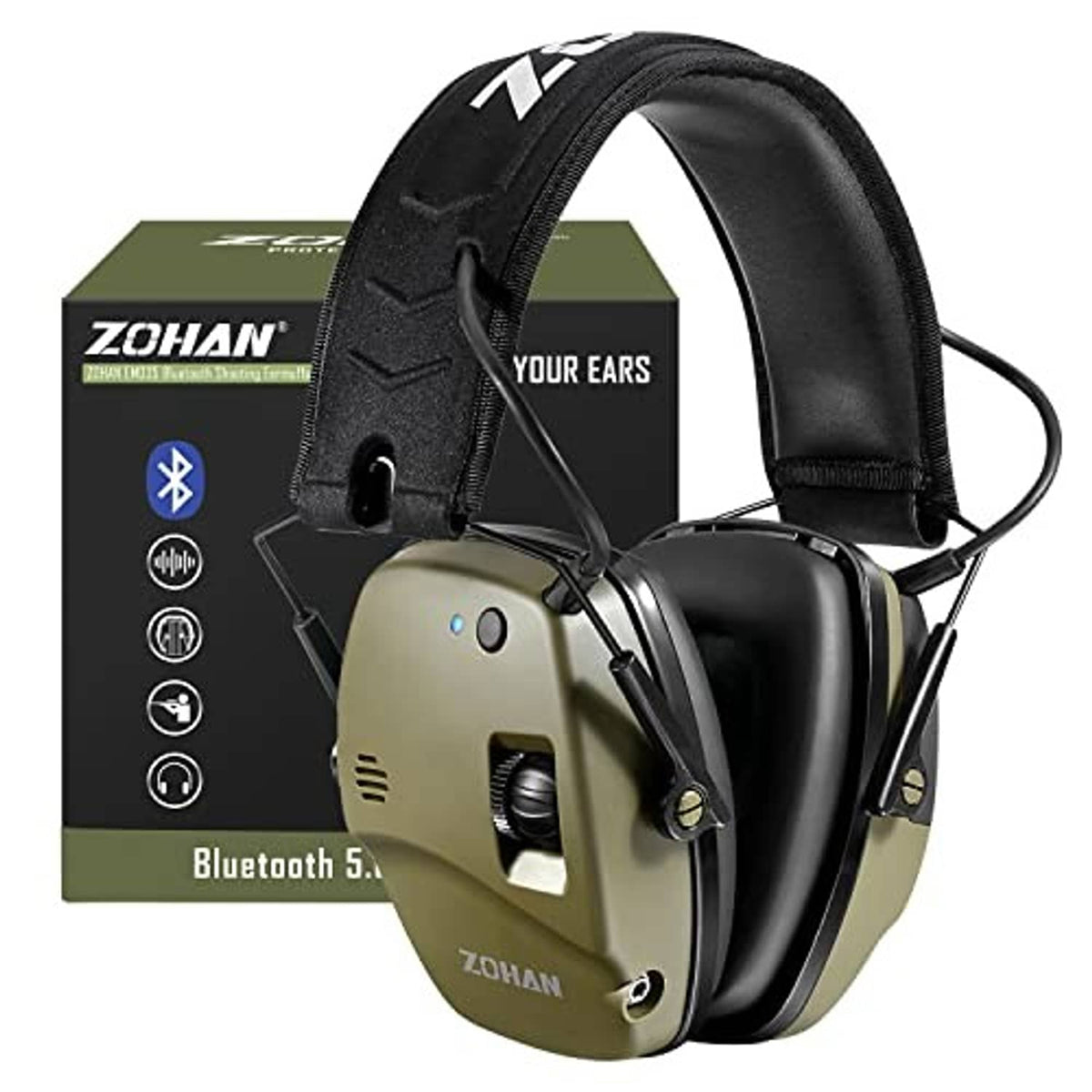Bluetooth electronic shooting earmuffs with black padded band and green ear cups, front view