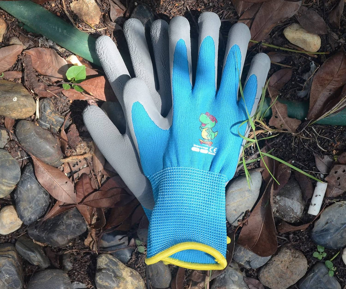 Children's gardening gloves, bright blue knit with gray fingertips and yellow cuff