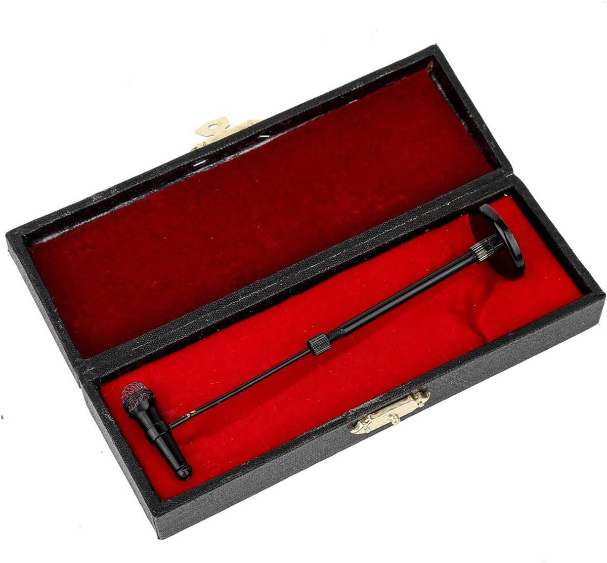 Miniature microphone set inside black case with red velvet insert