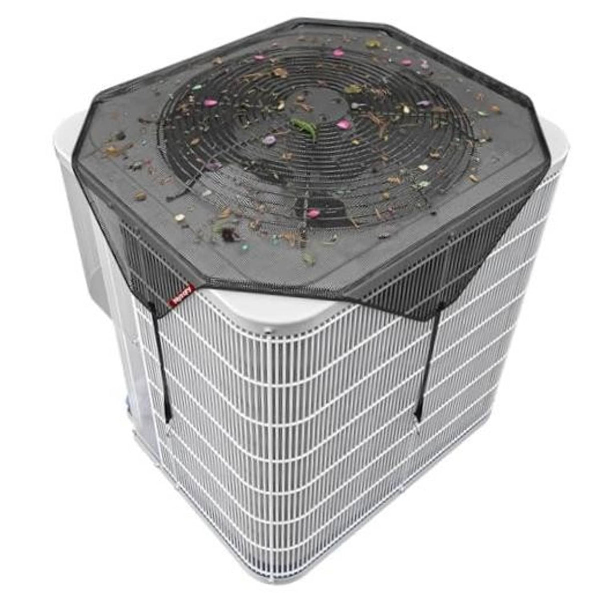 Octagonal dark AC condenser cover with elastic hem and tie straps