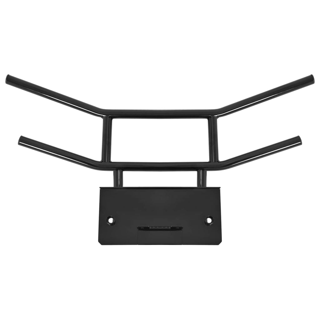 Black bumper brush guard with front plate and two curved mounting side brackets