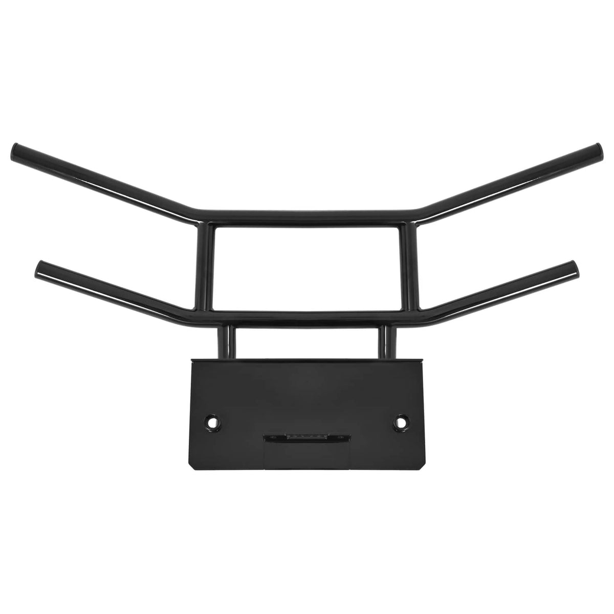 Black bumper brush guard with front plate and two curved mounting side brackets