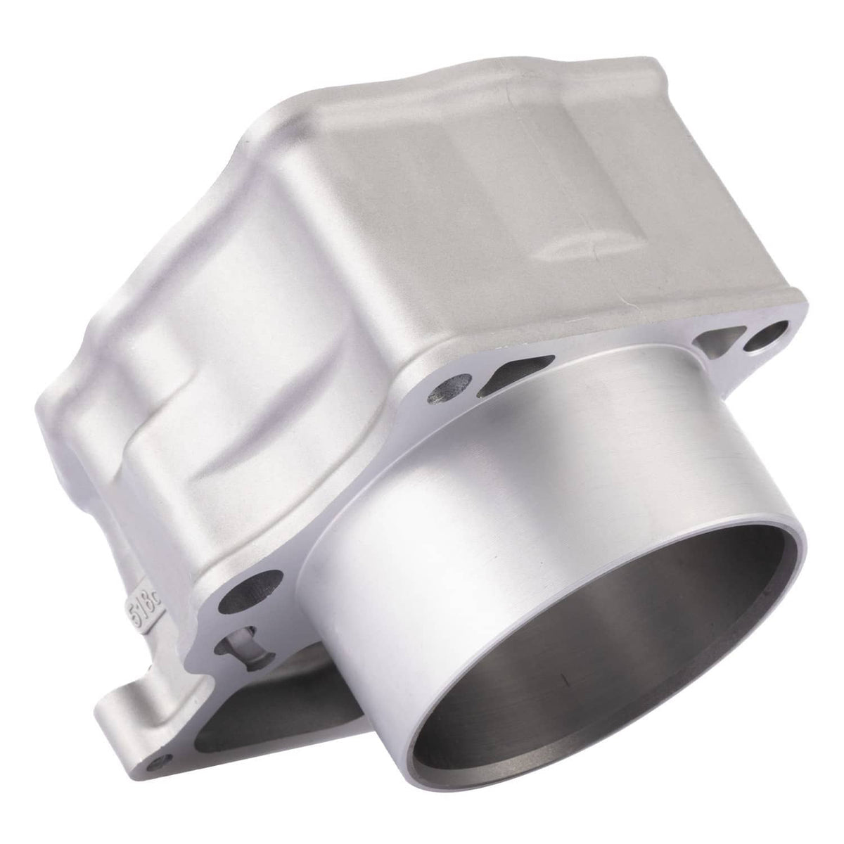 Silver aluminum cylinder block with large bore, side ports, and bolt holes