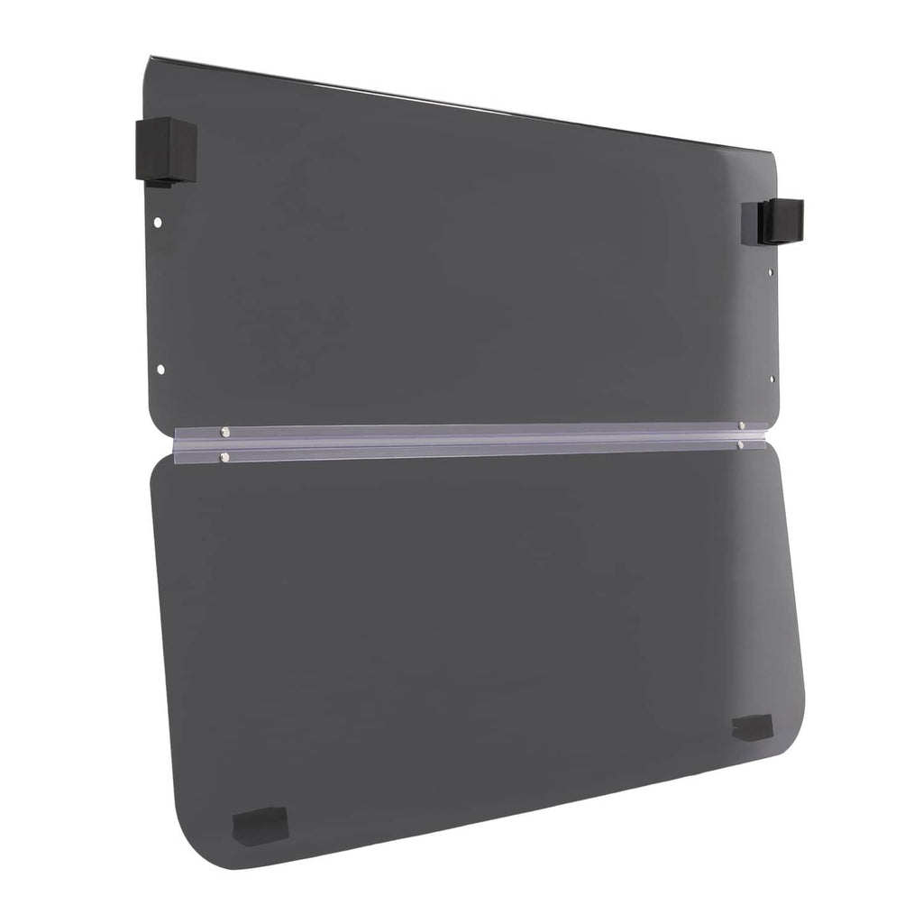 Tinted fold-down golf cart windshield panel in dark gray with side brackets and hinge bar