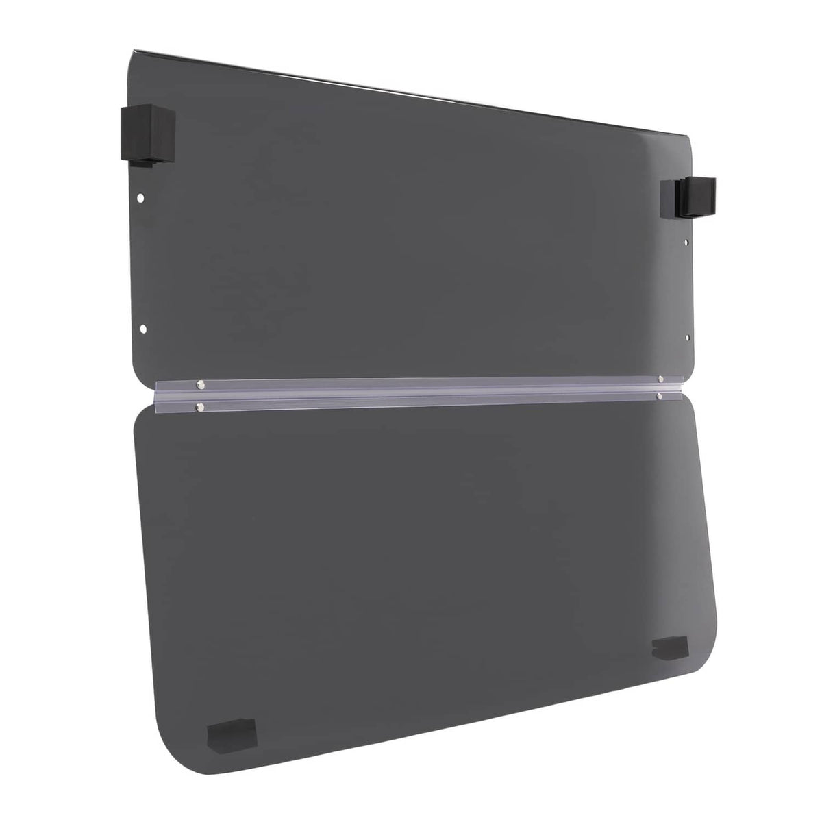 Tinted fold-down golf cart windshield panel in dark gray with side brackets and hinge bar