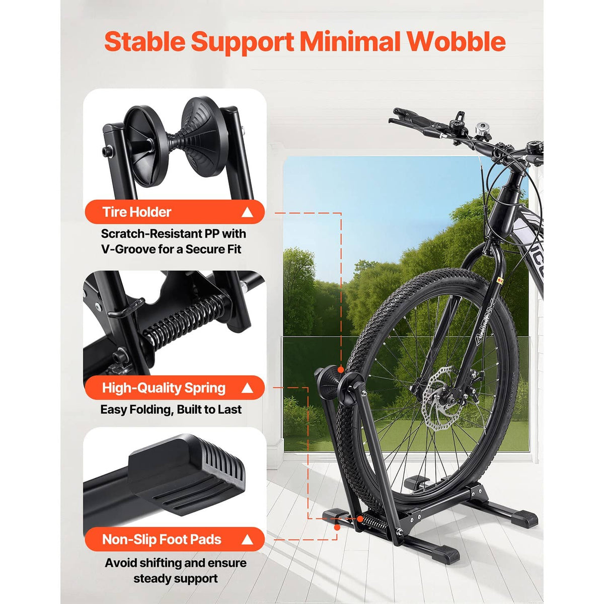 Black bicycle stand with V-shaped tire holder and non-slip rubber foot pads