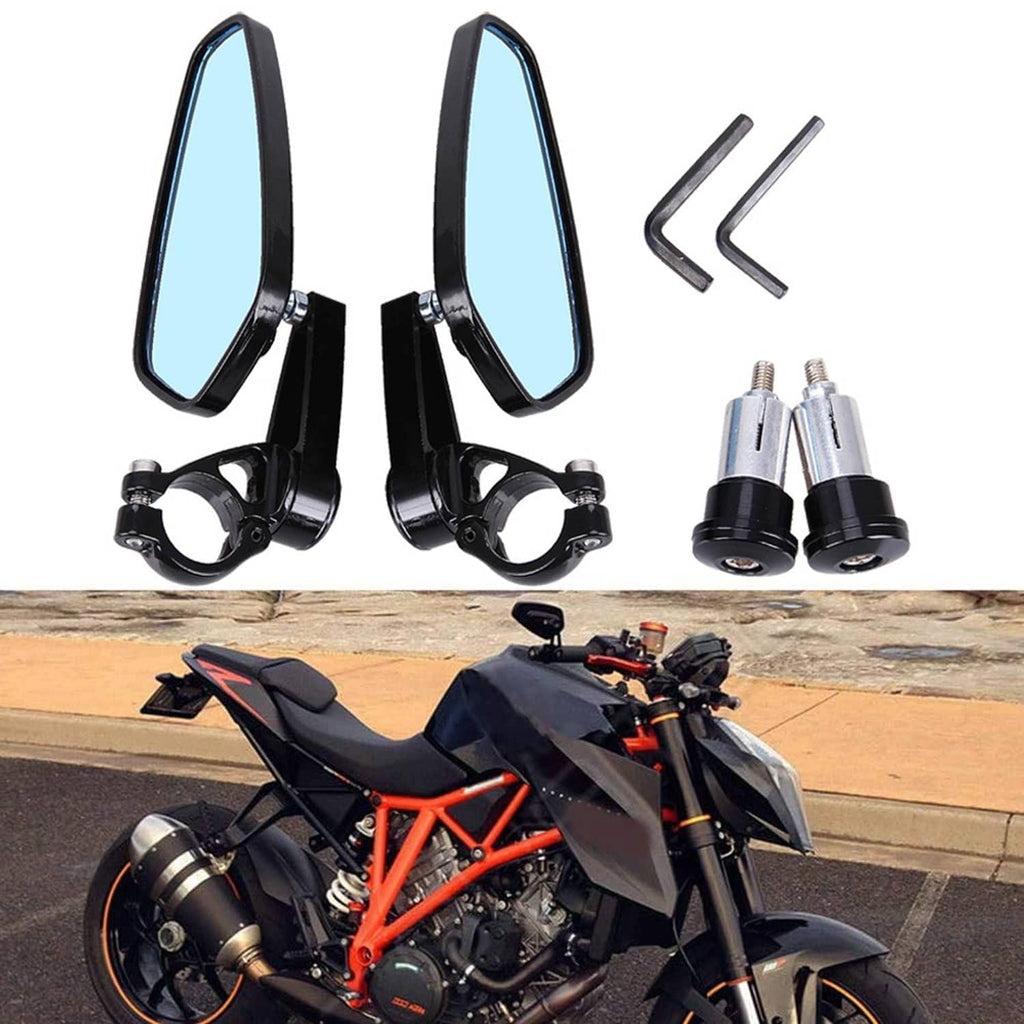 Universal bar-end rearview mirrors with blue glass, black mounts, and included spacers and hex keys