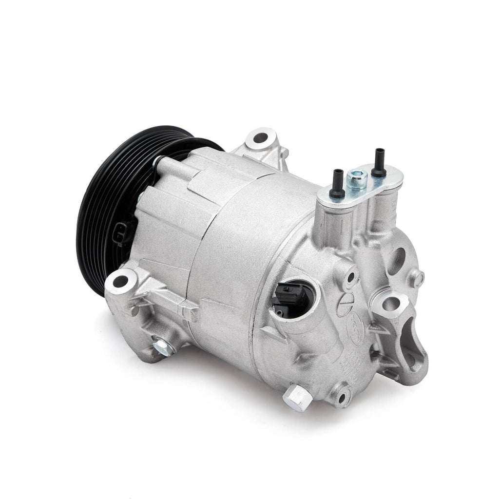 Air conditioning compressor with clutch pulley, silver casing and electrical fittings.