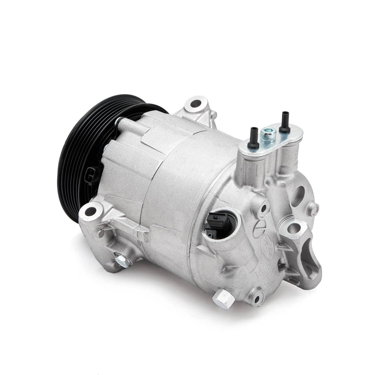 Air conditioning compressor with clutch pulley, silver casing and electrical fittings.