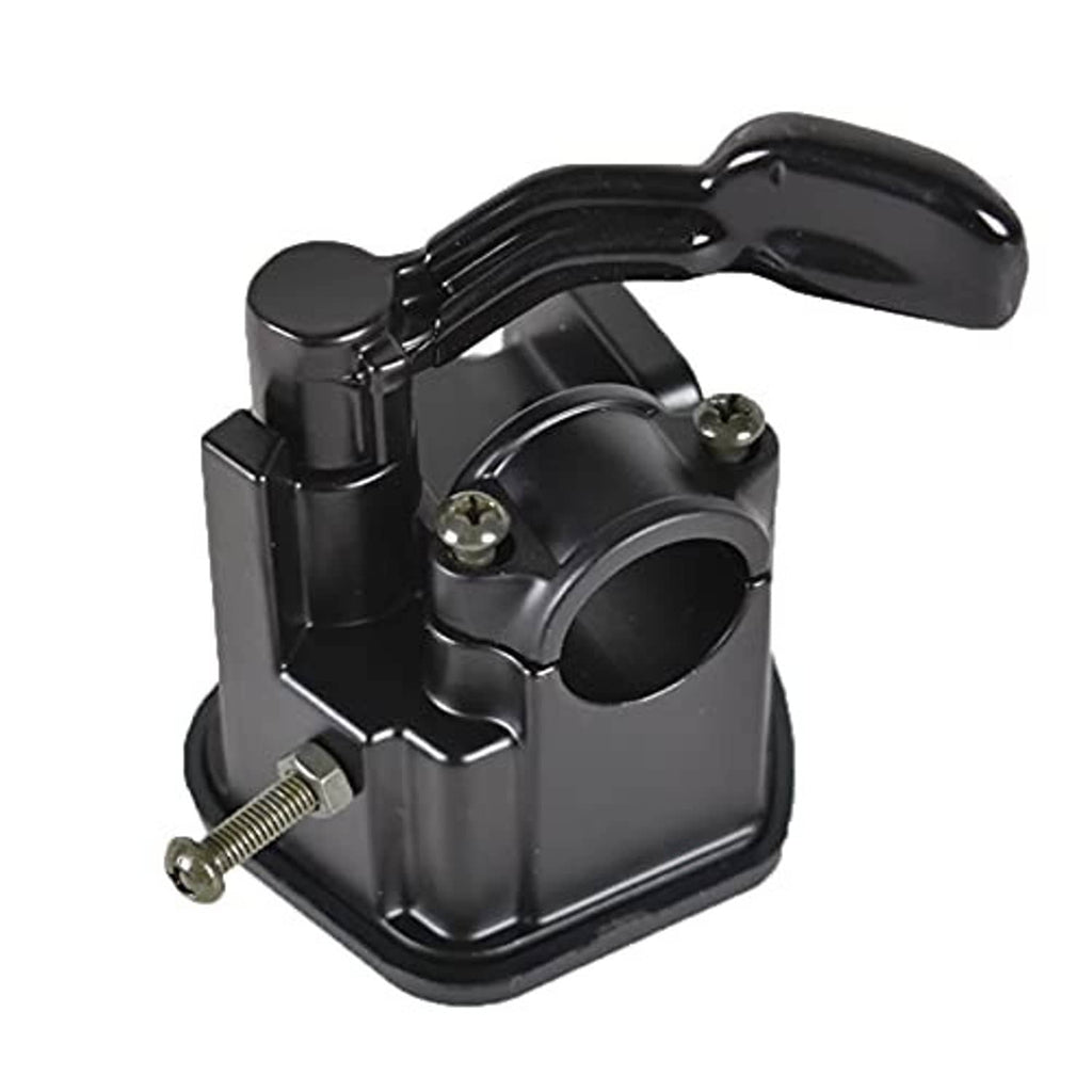 Black throttle housing with curved thumb lever, metal screws, and round cable port
