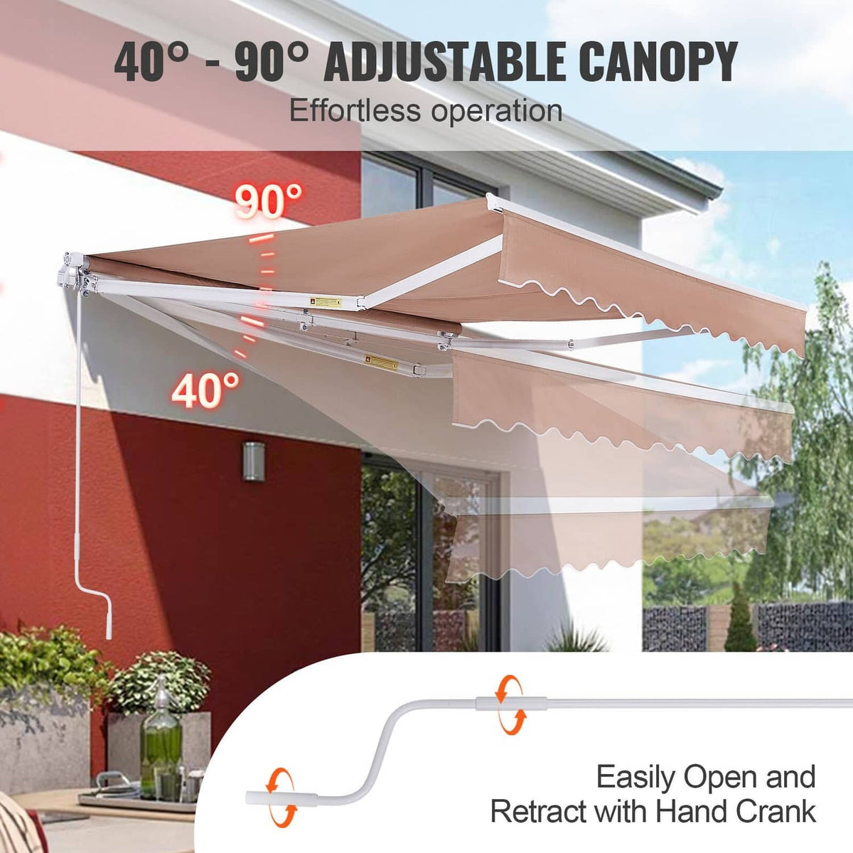 Retractable patio awning with adjustable canopy and hand crank handle, tan fabric and white frame.