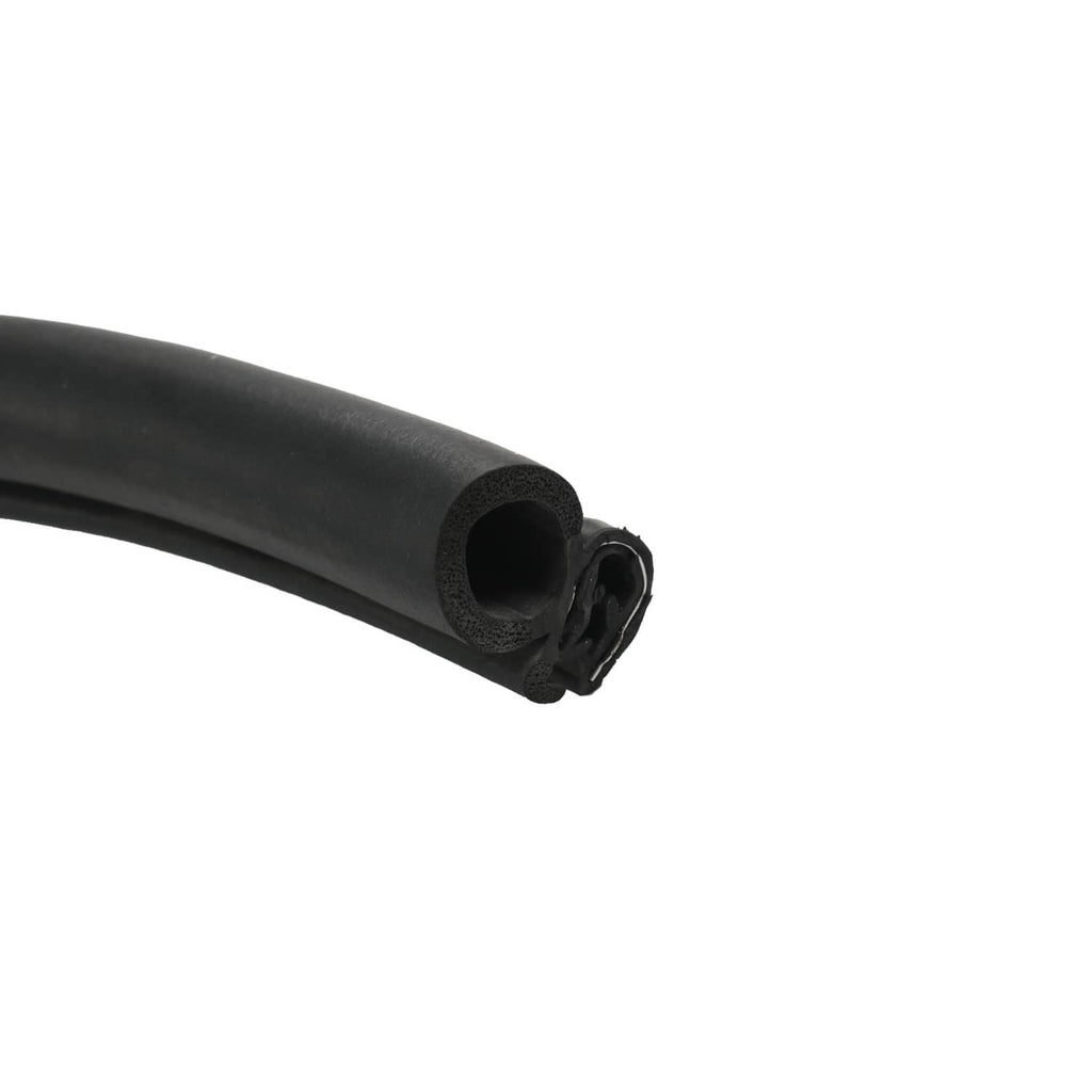 Close-up of black rubber seal end with open channel for windshield mounting