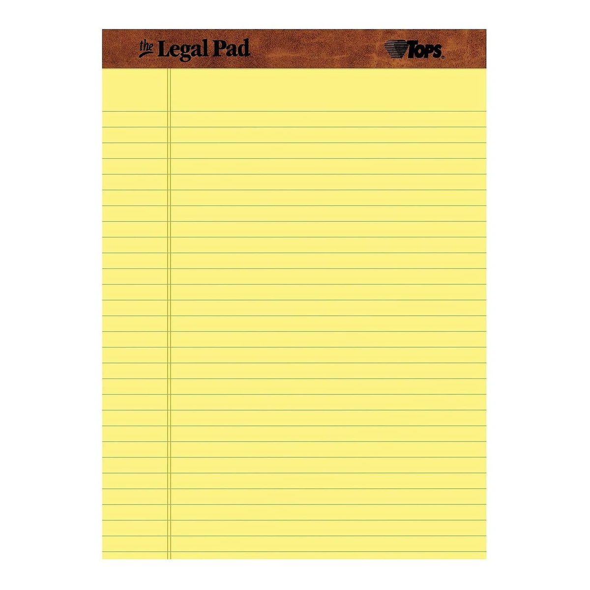 Yellow wide-ruled legal pad with brown header and clean margin lines