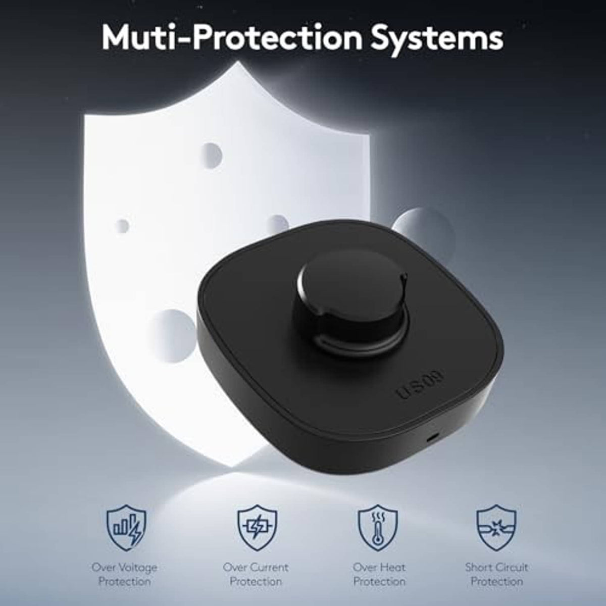 Black smart ring charger dock with protective design icons and USB-A cable