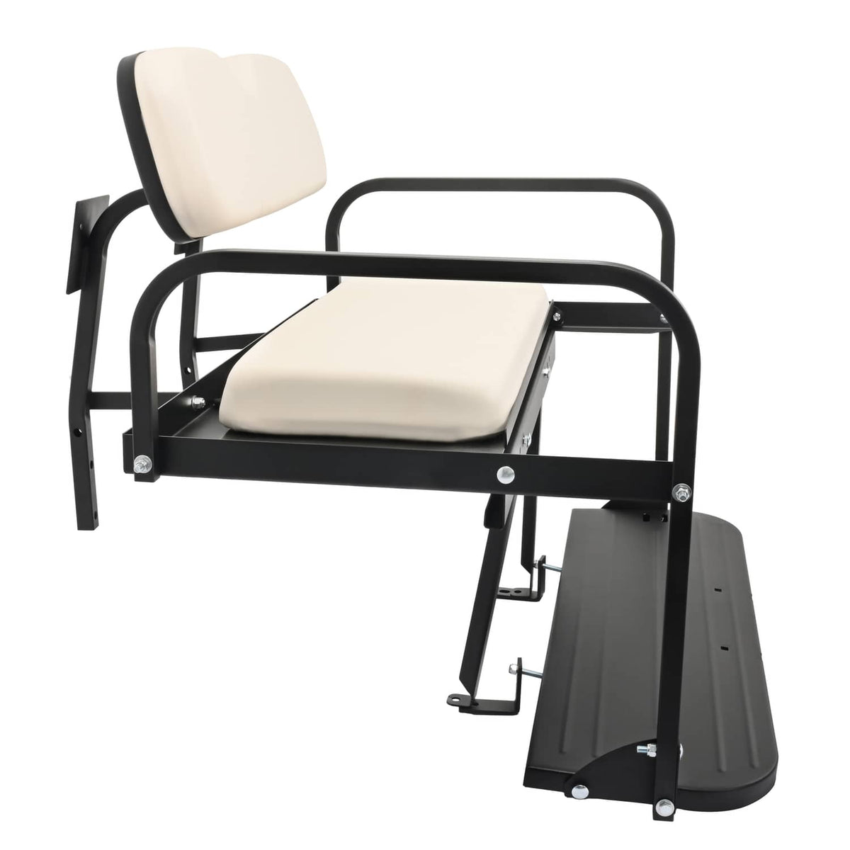 Foldable rear flip back seat with off-white cushions and black step platform