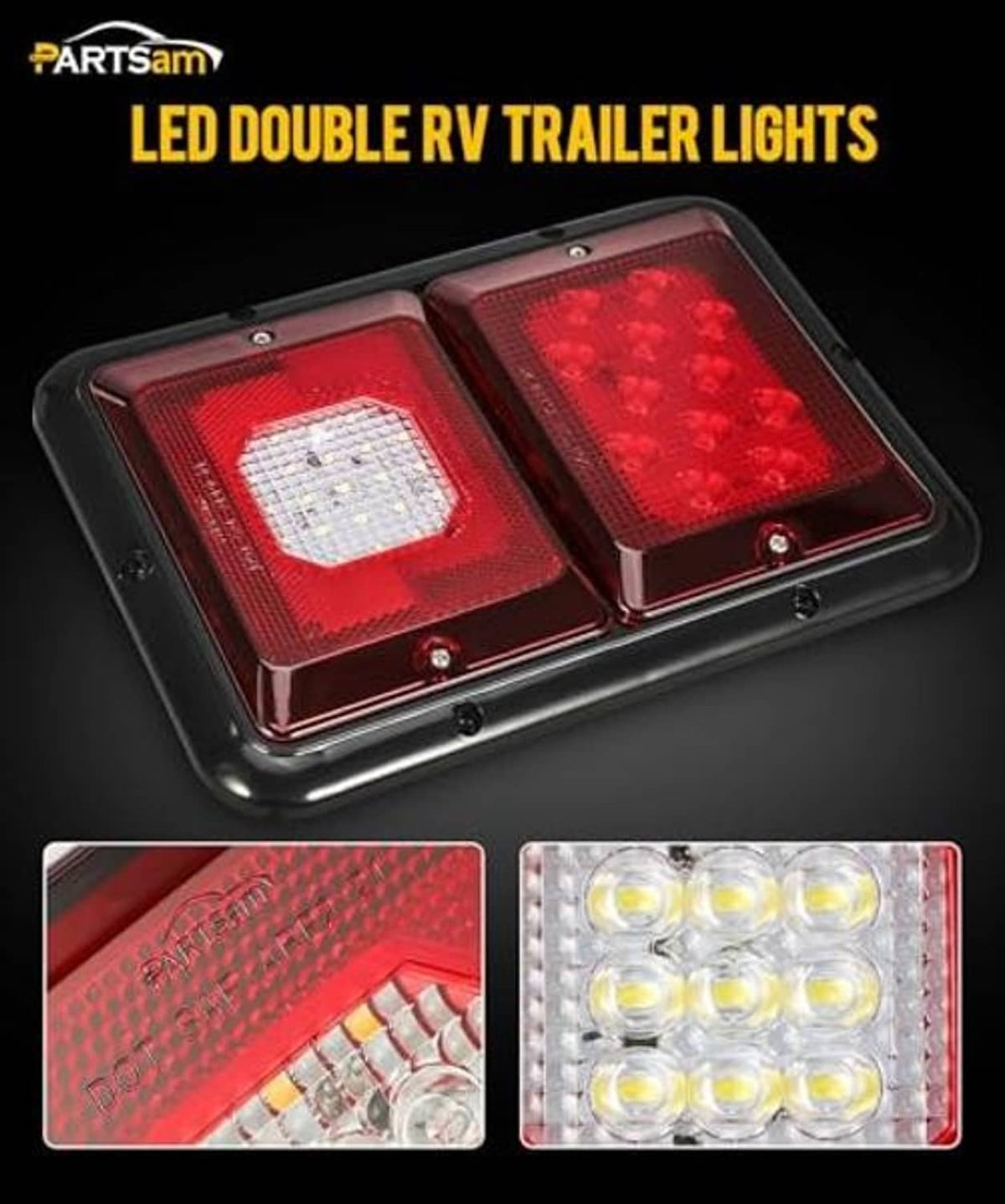 Red LED double RV trailer tail lights with two square lenses and bright white bulbs