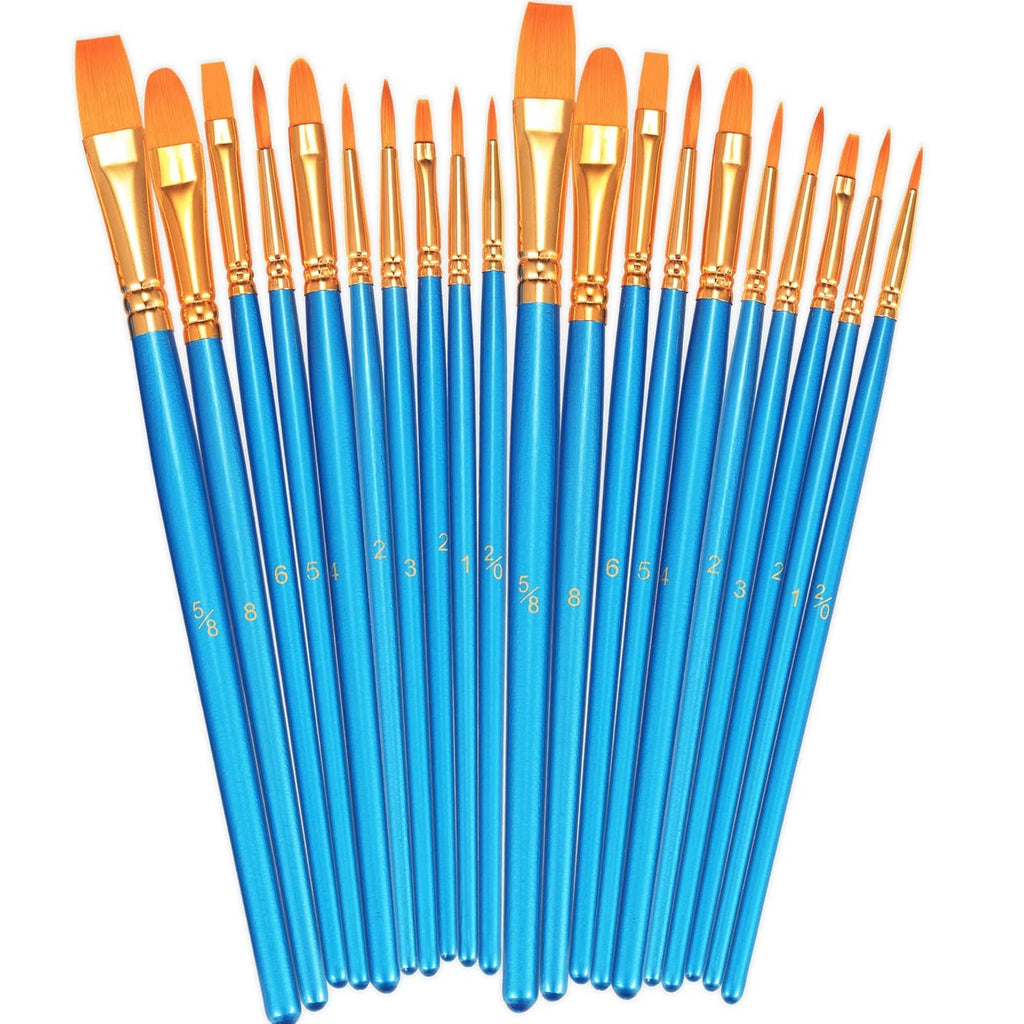 Paint brush set with blue handles, gold ferrules, and orange bristles arranged in a fan