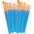 Paint brush set with blue handles, gold ferrules, and orange bristles arranged in a fan