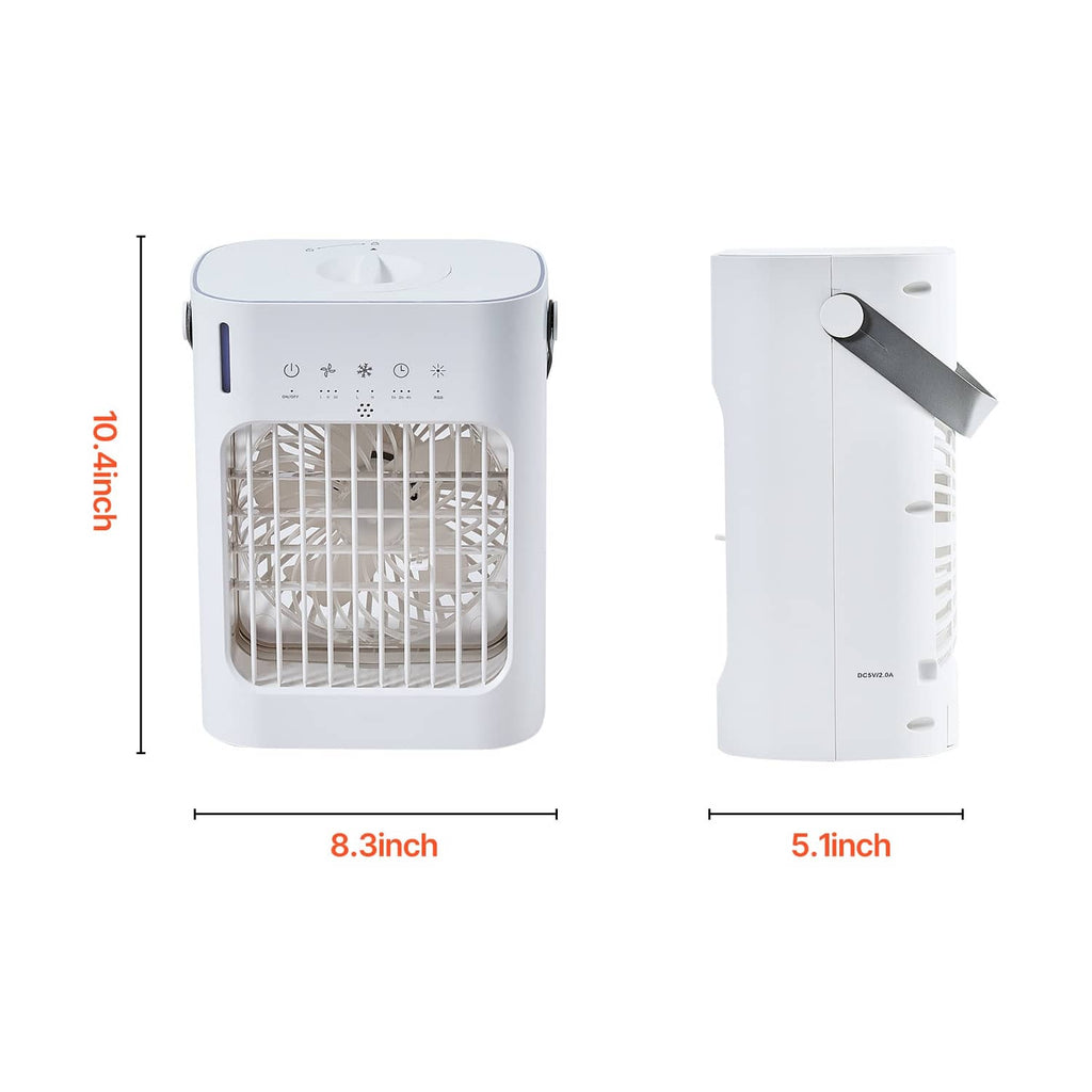 Portable air cooler with front grille and rear outlet panel, with height and width labels