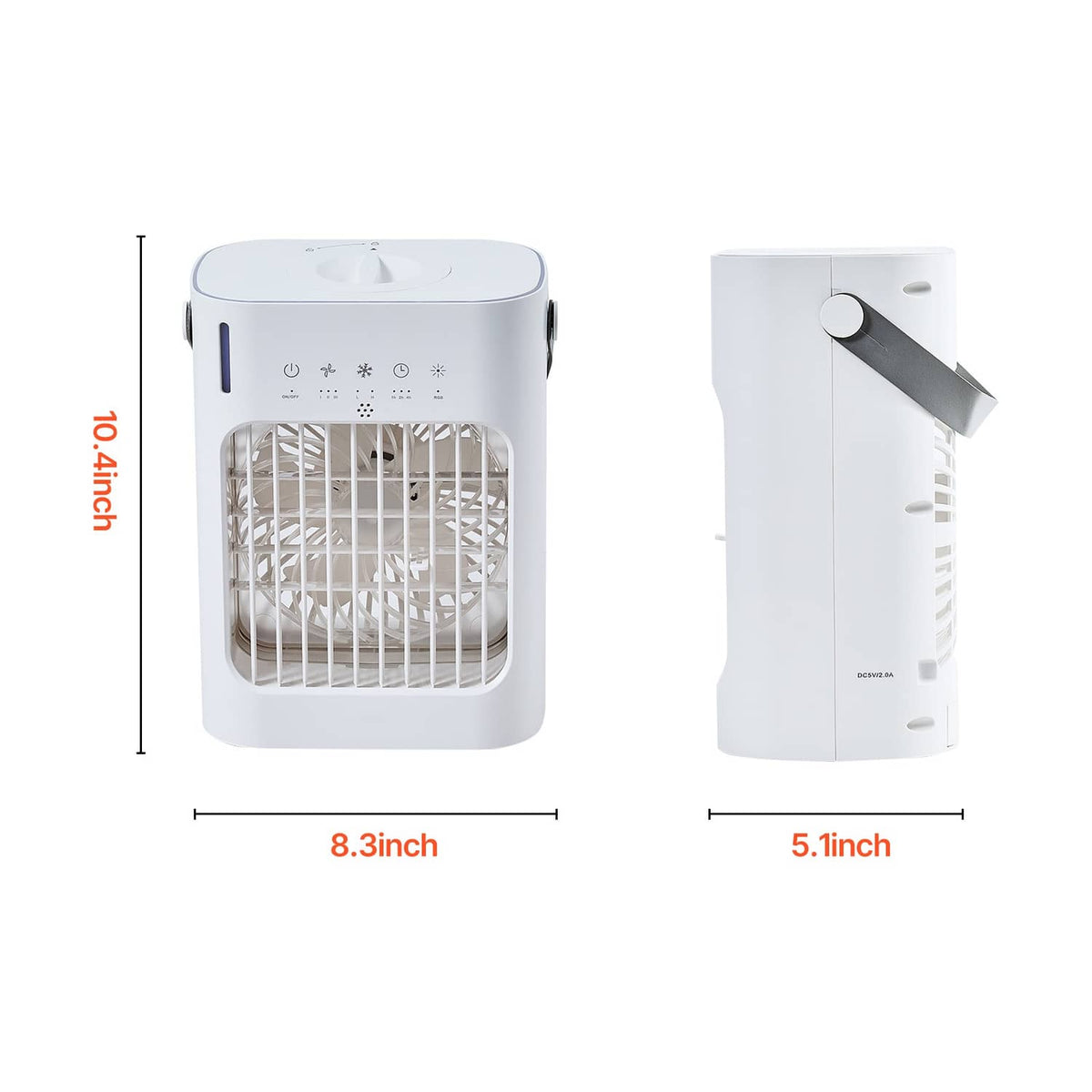 Portable air cooler with front grille and rear outlet panel, with height and width labels