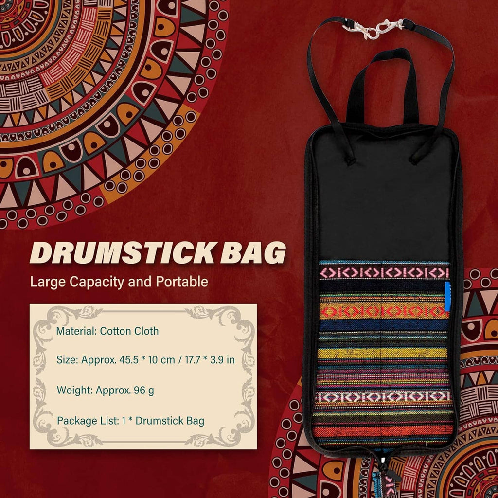 Drum stick bag with black pouch and multicolor woven band, hanging loop at top.