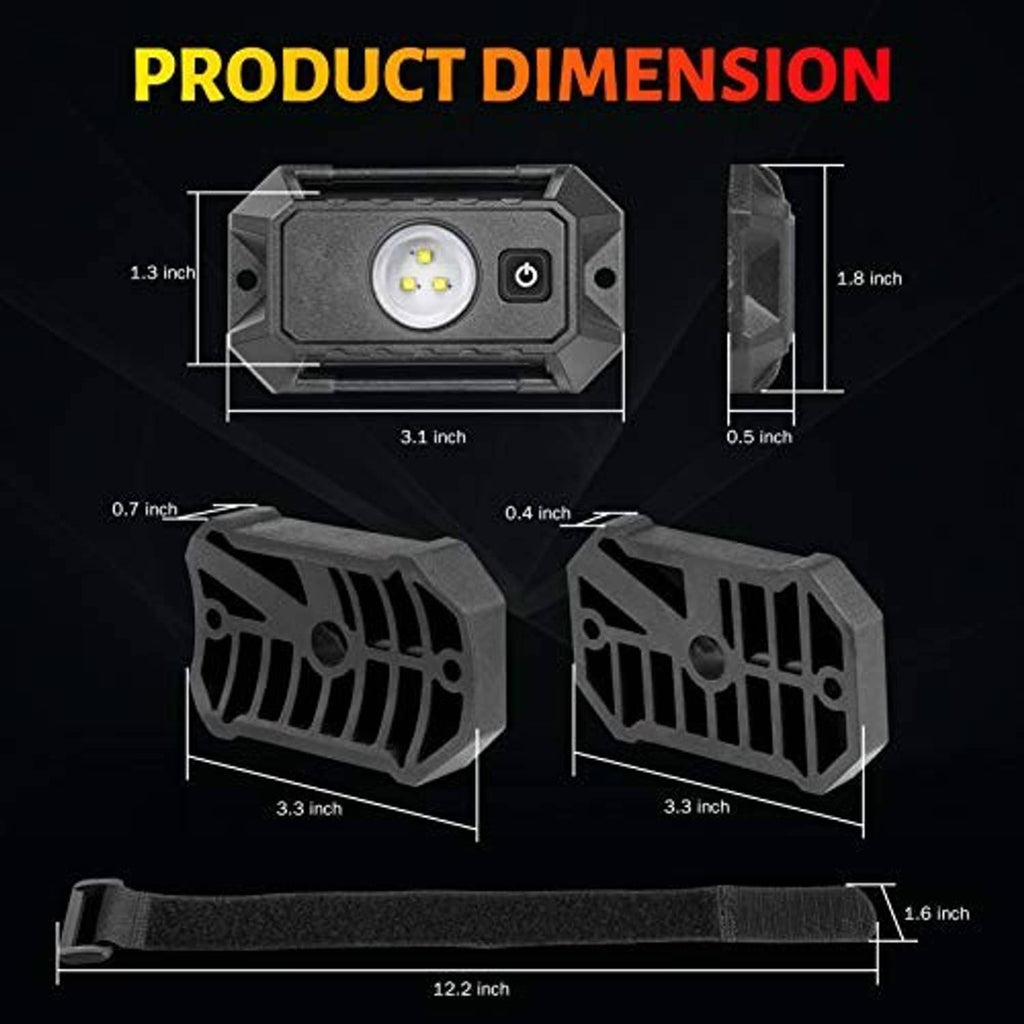 Black LED dome light with mounting blocks and nylon strap, size diagram