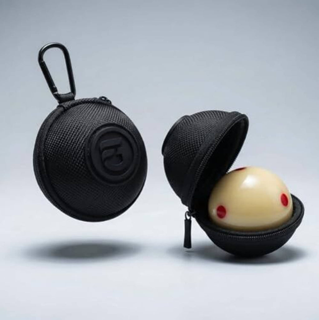 Black textured cue ball holder with clip; half-open shell showing cue ball and zipper pull
