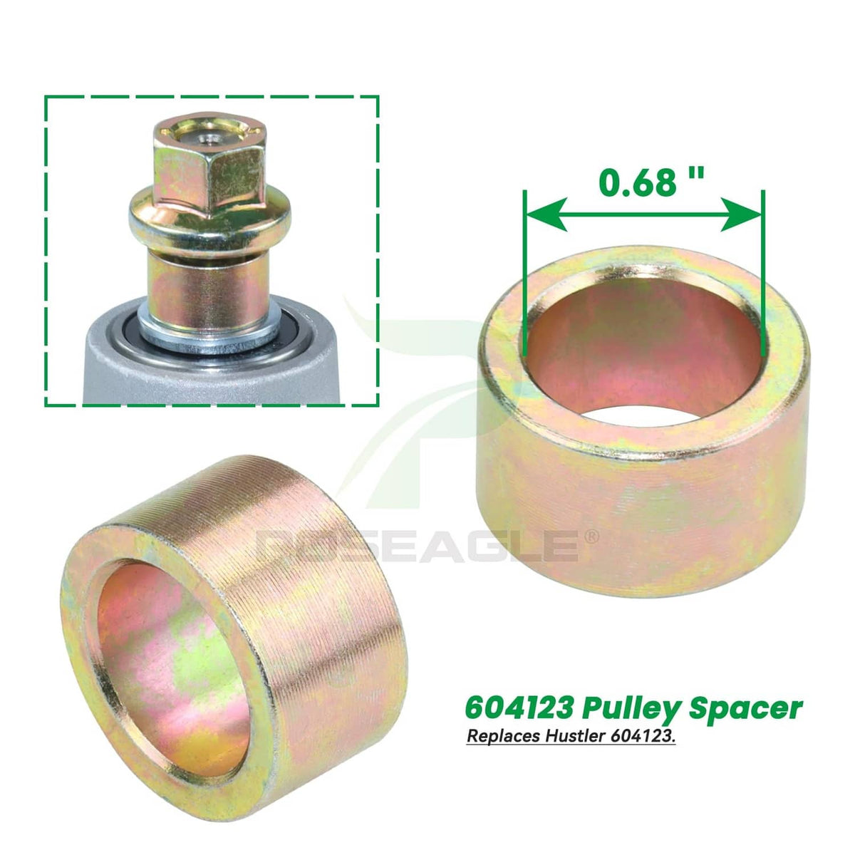Steel spindle pulley spacer, 0.68 in outside diameter and 0.5 in inside diameter