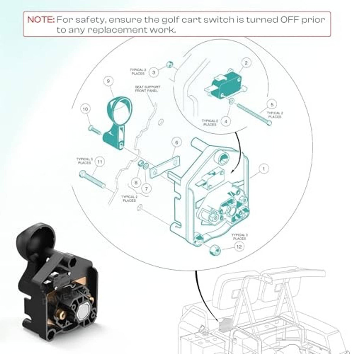 Forward-reverse switch component shown with installation diagram for golf cart