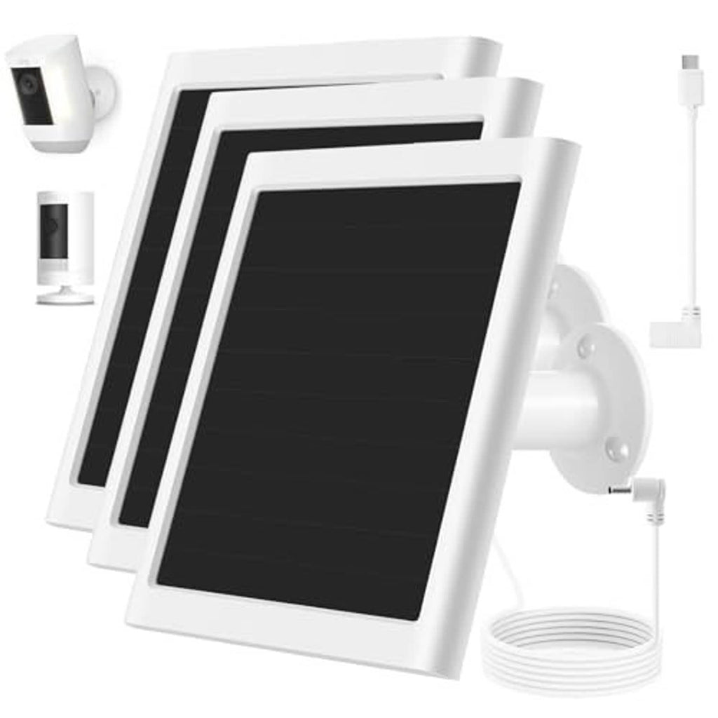 White solar panel charger kit with black solar glass, wall mounts, and charging cables